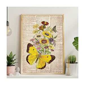 Sarı Kelebek Ve Papatya Çiçek Görseli  Ahşap Mdf Tablo 50x70 cm