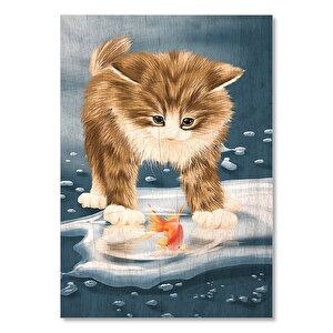 Japon Balığı Ve Yavru Kedi Görseli  Ahşap Mdf Tablo 35x50 cm