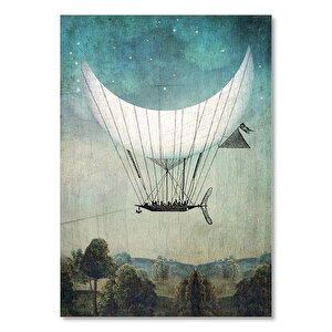 Ay Şeklilli Uçan Balon Görseli  Ahşap Mdf Tablo 25x35 cm