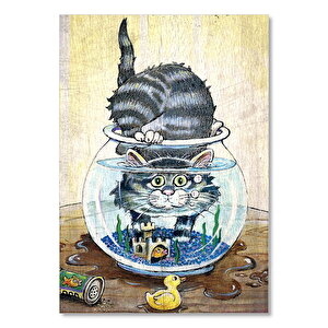 Akvaryumdaki Kedi Görseli  Ahşap Mdf Tablo 25x35 cm