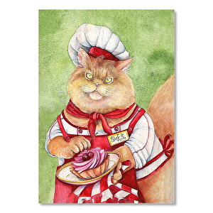 Yeşil Zeminde Şef Aşçı Kedi Görseli  Ahşap Mdf Tablo 25x35 cm