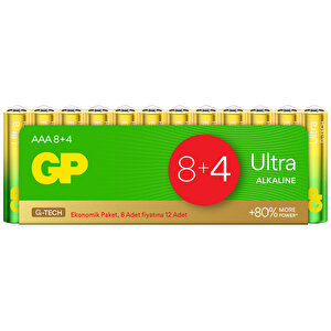 GP Batteries G-TECH Ultra Alkalin İnce LR03 - AAA Boy 1.5V Pil 12'li Shrink