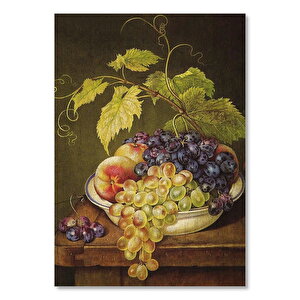 Tabakta Siyah Beyaz Üzüm Ve Şeftali Görseli   Ahşap Mdf Tablo 25x35 cm