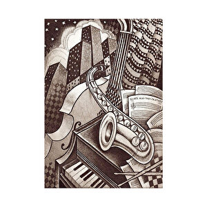 Siyah Beyaz Müzik Aletleri Binalar Soyut Resim Görseli    Ahşap Mdf Tablo 35x50 cm