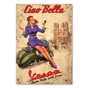 Eski Zeminde Vespa'da Ruj Süren Kadın Görseli  Ahşap Mdf Tablo 35x50 cm
