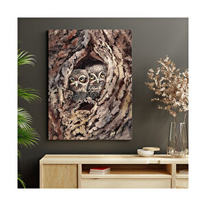 Ağaç Kovuğundaki Baykuşların Görseli  Ahşap Mdf Tablo 50x70 cm