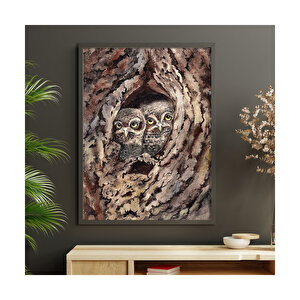 Ağaç Kovuğundaki Baykuşların Görseli  Ahşap Mdf Tablo 50x70 cm