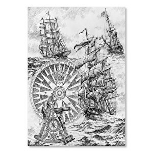 Fırtına İçinde Yelkenli Gemiler Dev Pusula Parçası Görseli  Ahşap Mdf Tablo 50x70 cm