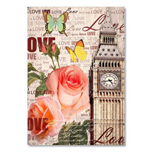 Londra Saat Kulesi Gül Kelebek Görsel   Ahşap Mdf Tablo 25x35 cm