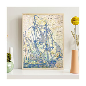 Haritada Mavi Yelkenli Gemi Figürü Görseli    Ahşap Mdf Tablo 35x50 cm