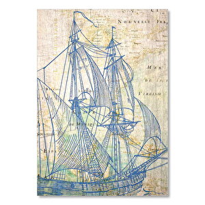 Haritada Mavi Yelkenli Gemi Figürü Görseli  Ahşap Mdf Tablo 50x70 cm
