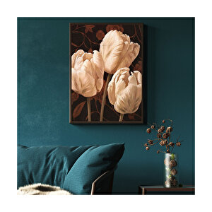 Çiçekli Zeminde Beyaz Lale Görseli  Ahşap Mdf Tablo 50x70 cm