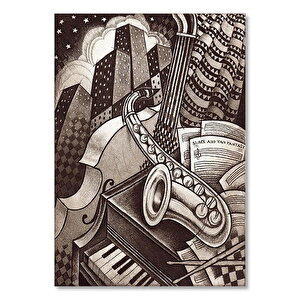 Saksafon Piyano Şehir Figürü Görseli   Ahşap Mdf Tablo 25x35 cm