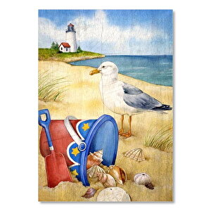 Deniz Kabuk Kumsal Martı Fener Görseli  Ahşap Mdf Tablo 50x70 cm
