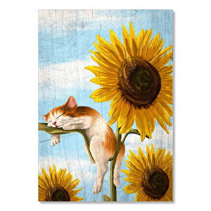 Günebakan Yaprakta Uyuyan Kedi Görseli  Ahşap Mdf Tablo 50x70 cm