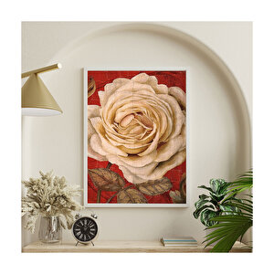 Yağlı Boya Kırmızı Zemin Beyaz Gül Görseli    Ahşap Mdf Tablo 35x50 cm