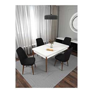 Riff Serisi , 80x130 Kapalı 80x170 Açılabilir Beyaz Mutfak Masa Takımı 4 Siyah Sandalye Siyah