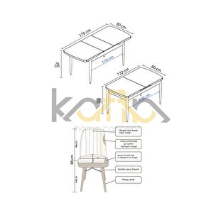 Riff Serisi , 80x130 Kapalı 80x170 Açılabilir Beyaz Mutfak Masa Takımı 6 Siyah Sandalye