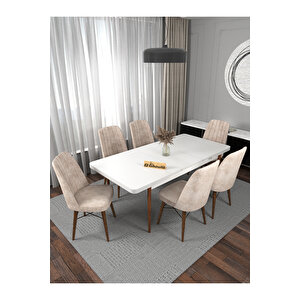 Riff Serisi , 80x130 Kapalı 80x170 Açılabilir Beyaz Mutfak Masa Takımı 6 Krem Sandalye Krem