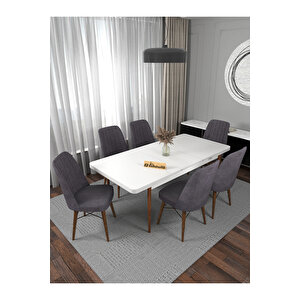 Riff Serisi , 80x130 Kapalı 80x170 Açılabilir Beyaz Mutfak Masa Takımı 6 Gri Sandalye Gri