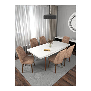 Riff Serisi , 80x130 Kapalı 80x170 Açılabilir Beyaz Mutfak Masa Takımı 6 Cappucino Sandalye
