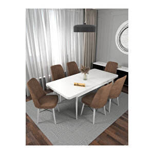Riff Raw , 80x130 Kapalı 80x170 Açılabilir Beyaz Mutfak Masa Takımı 6 Kahverengi Sandalye Kahverengi