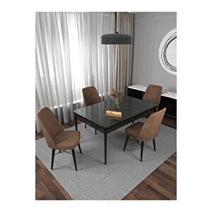 Riff Lex , 80x130 Kapalı 80x170 Açılabilir Siyah Mermer Mutfak Masa Takımı 4 Kahverengi Sandalye