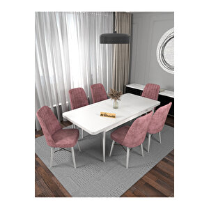 Riff Raw , 80x130 Kapalı 80x170 Açılabilir Beyaz Mutfak Masa Takımı 6 Pembe Sandalye Pembe