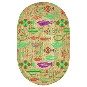 Renkli Balıklar Desenli Oval Örme Dekoratif Jüt Kilim Hasır Halı Jut-4015 60x120 cm