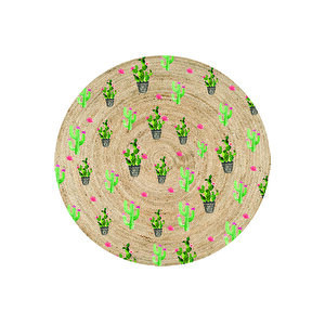 Yeşil Kaktüsler Desenli Yuvarlak Jüt Örme Doğal Hasır Kilim Daire Halı Jut-3016 80x80 cm
