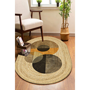 Sanatsal Daireler Desenli Oval Örme Dekoratif Jüt Kilim Hasır Halı Jut-4060 120x180 cm