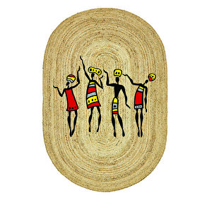 Afrika Kadınlar Desenli Oval Örme Dekoratif Jüt Kilim Hasır Halı Jut-4050 80x150 cm