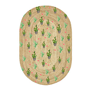 Karnaval Bolero 16 Çiçekli Yeşil Kaktüsler Oval Jüt Örme Halı Hasır Kilim 120x180 cm