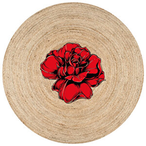 Karnaval Bolero Örgü 20 Kırmızı Çiçek Jüt Örme Halı Hasır Kilim 120x120 cm