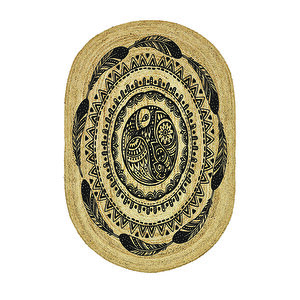 Tavus Kuşu Desenli Oval Örme Dekoratif Jüt Kilim Hasır Halı Jut-4075 60x120 cm