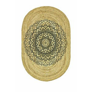 Etnik Desenli Oval Örme Dekoratif Jüt Kilim Hasır Halı Jut-4008 120x180 cm