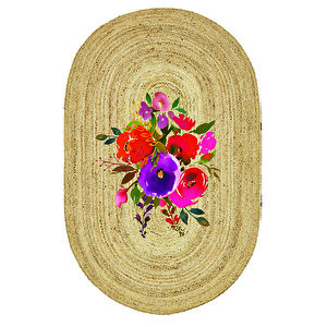 Renkli Çiçekler Desenli Oval Örme Dekoratif Jüt Kilim Hasır Halı Jut-4013 60x120 cm