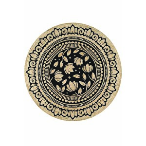 Siyah Damask Çiçekli Desenli Yuvarlak Jüt Örme Doğal Hasır Kilim Daire Halı Jut-3076 120x120 cm