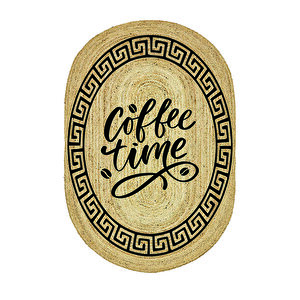 Kahve Zamanı Desenli Oval Örme Dekoratif Jüt Kilim Hasır Halı Jut-4076 60x120 cm