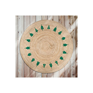 Karnaval Bolero Örgü Süslü Çam Ağacı Baskılı Yuvarlak Modern Jüt Halat Halı Hasır Kilim 150x150 cm