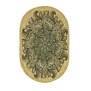 Mandala Desenli Oval Örme Dekoratif Jüt Kilim Hasır Halı Jut-4074