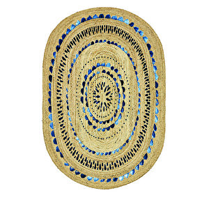 Mavi Çizgiler Desenli Oval Örme Dekoratif Jüt Kilim Hasır Halı Jut-4028 120x180 cm