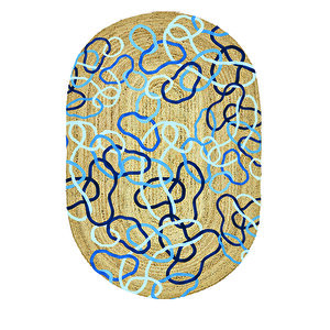 Mavi Halkalar Desenli Oval Örme Dekoratif Jüt Kilim Hasır Halı Jut-4029 120x180 cm