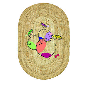 Renkli Elmalar Desenli Oval Örme Dekoratif Jüt Kilim Hasır Halı Jut-4032 60x120 cm