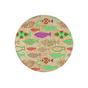 Renkli Balıklar Desenli Yuvarlak Jüt Örme Doğal Hasır Kilim Daire Halı Jut-3015 120x120 cm
