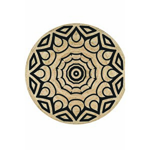 Siyah Mandala Desenli Yuvarlak Jüt Örme Doğal Hasır Kilim Daire Halı Jut-3078 80x80 cm