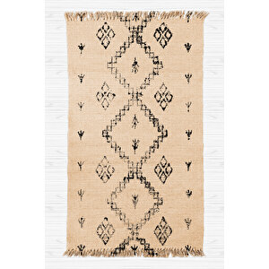 Karnaval Doğal Jüt Hasır Görünümlü Kilim Desen Kara Tezgah Dokuma Halı Saçaklı Kilim 80x150 cm