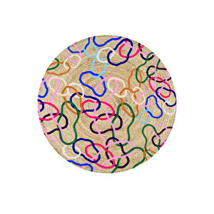 Renkli Çizgiler Desenli Yuvarlak Jüt Örme Doğal Hasır Kilim Daire Halı Jut-3030 120x120 cm