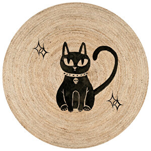 Karnaval Boho 25 Siyah Kedi Jüt Örme Halı Hasır Kilim 80x80 cm