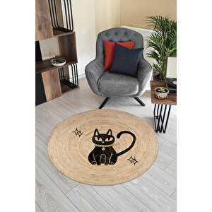 Karnaval Boho 25 Siyah Kedi Jüt Örme Halı Hasır Kilim 80x80 cm
